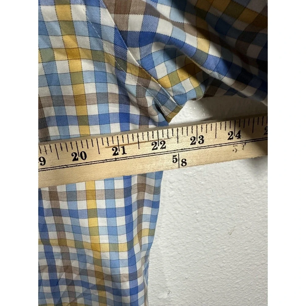 Peter Millar Shirt Mens Medium Blue Yellow Plaid Check Button Down Short‎ Sleeve